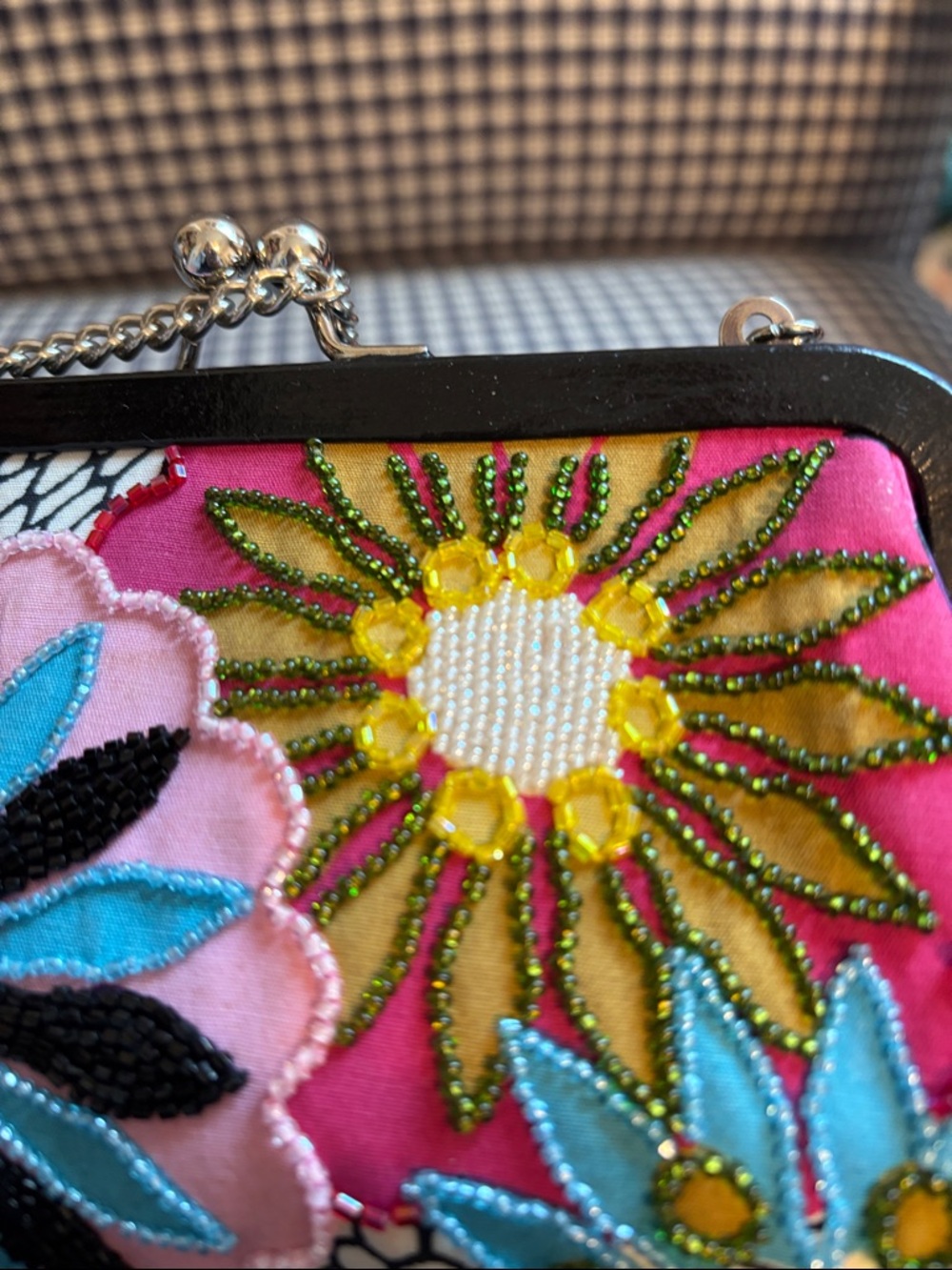 Isabella Fiore Pink Floral Embroidered and bedazzled Clutch with silver Chain - Picture 5 of 13